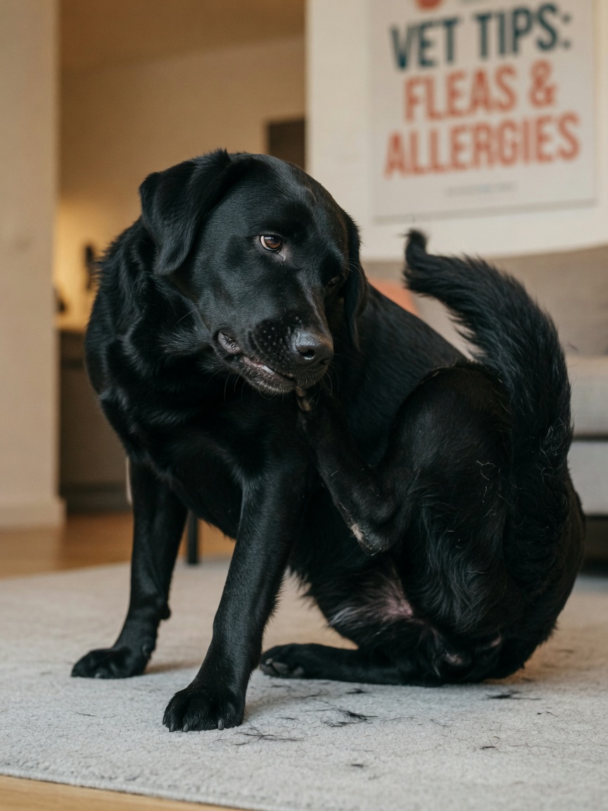 Dog scratching intensely at base of tail showing signs of flea infestation and discomfort
