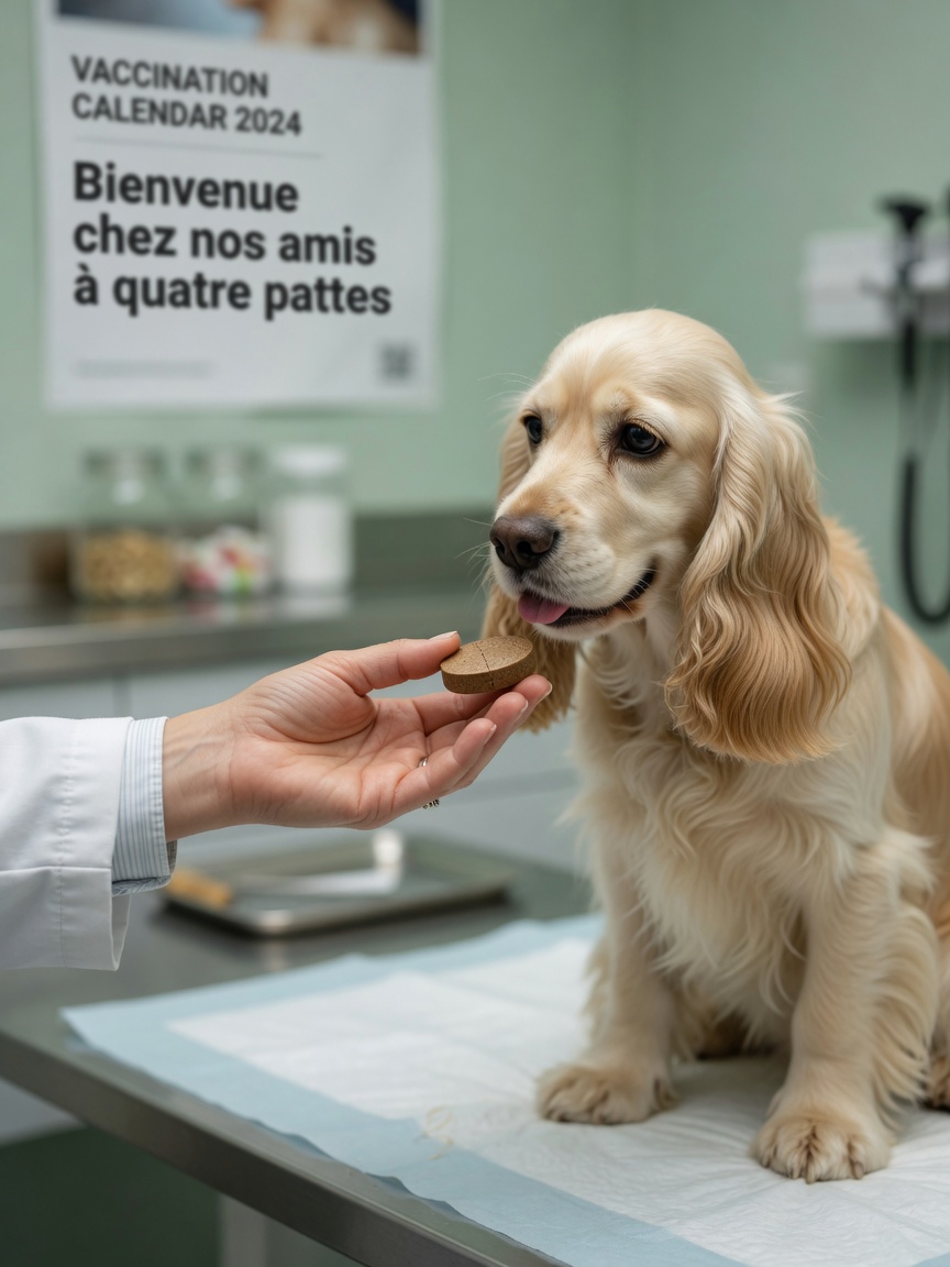 Veterinarian offering oral flea treatment chewable tablet to receptive dog in clinic