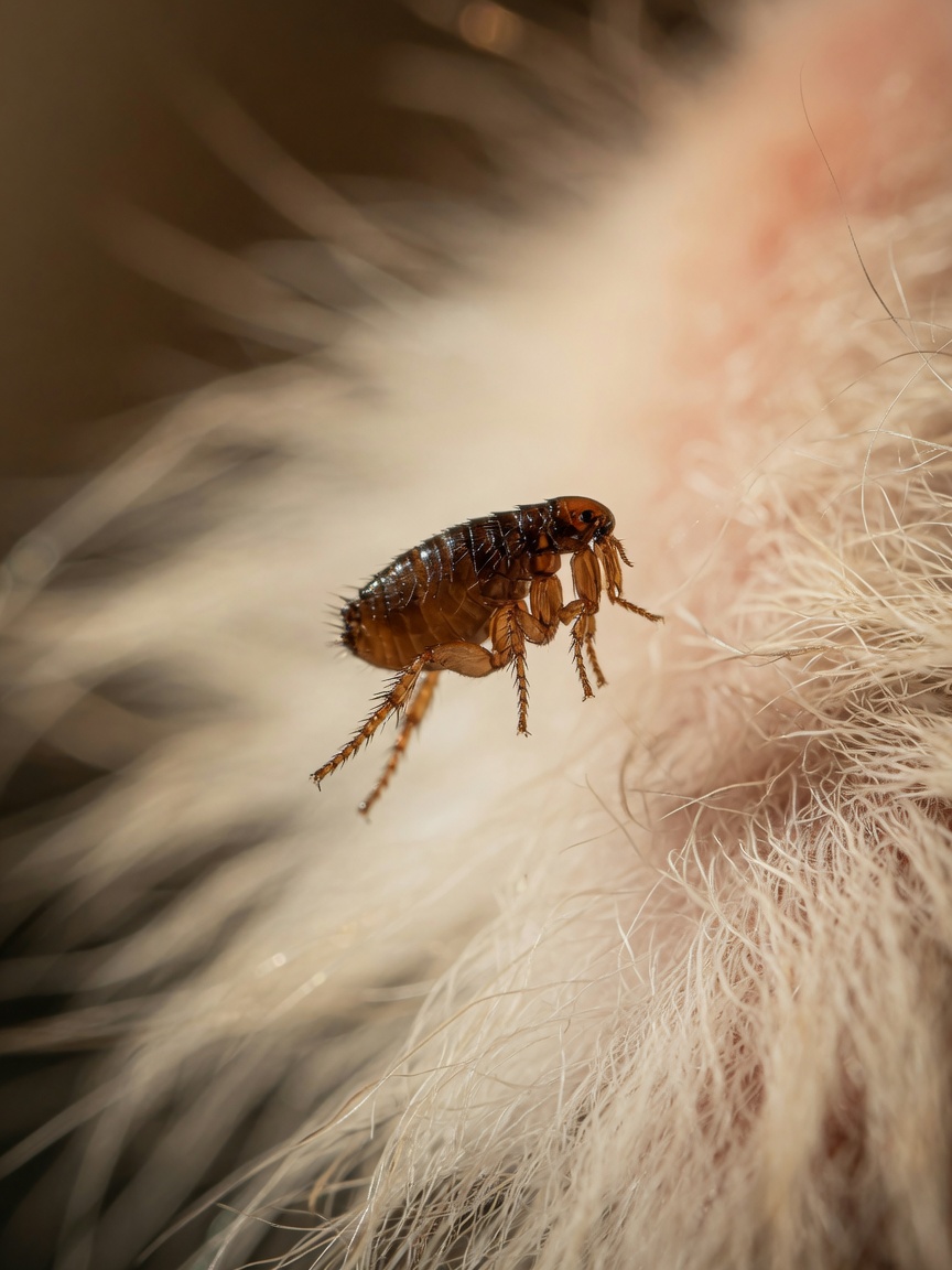 Macro close-up of a single flea on pet fur showing its tiny body and legs