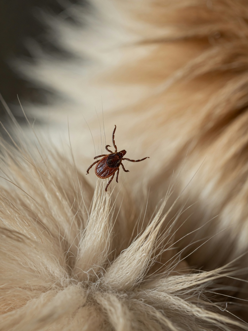Macro photograph of a brown tick clinging to pet fur with legs extended in questing position