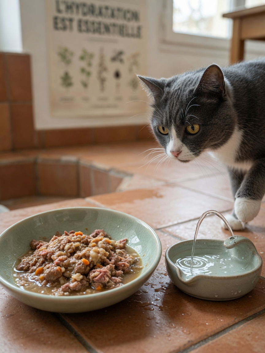 Wet cat food in a bowl with a water fountain nearby, showing dietary modifications for FLUTD management.