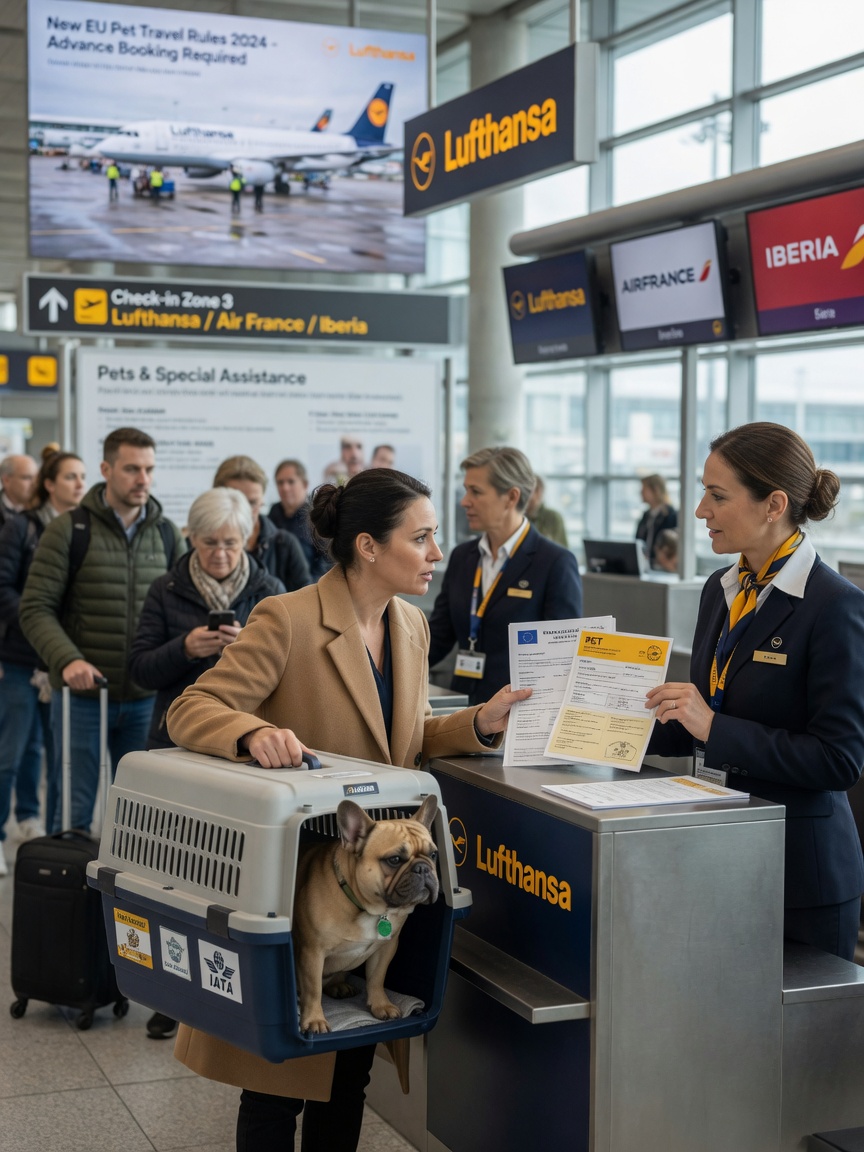 Donna al banco del check-in dell'aeroporto europeo con Bulldog francese in gabbia per compagnie aeree, discussione della documentazione con un rappresentante della compagnia aerea