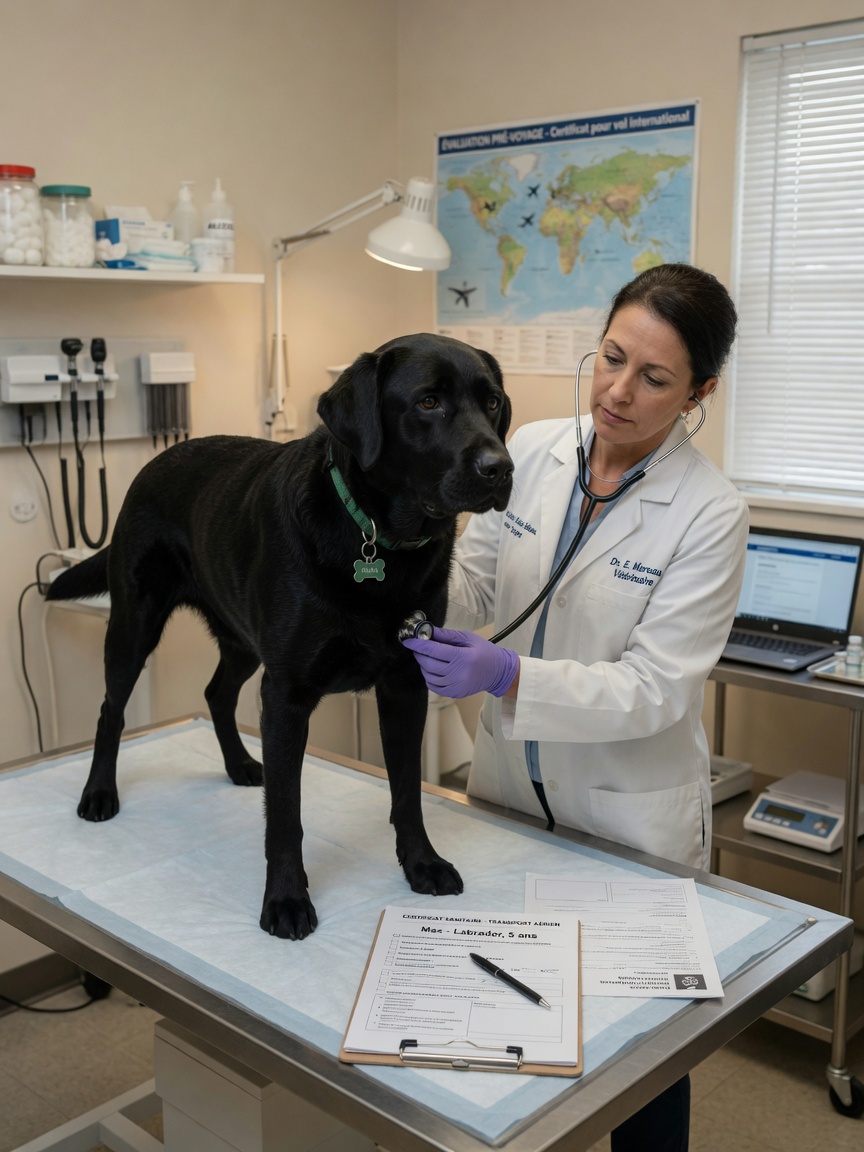 Veterinario che esamina un Labrador Retriever con stetoscopio in clinica per la certificazione sanitaria pre-viaggio