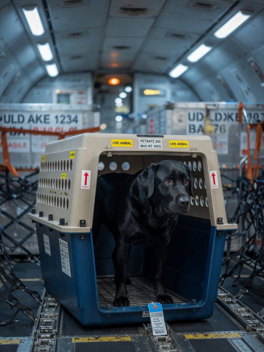 Large dog inside an IATA-approved airline cargo crate in an aircraft cargo hold environment