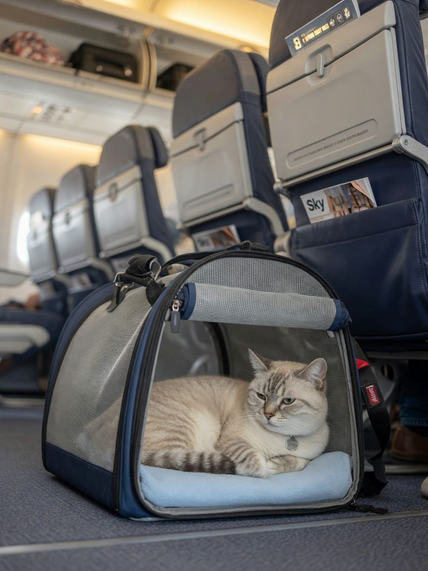 Cat resting in airline pet carrier under airplane seat