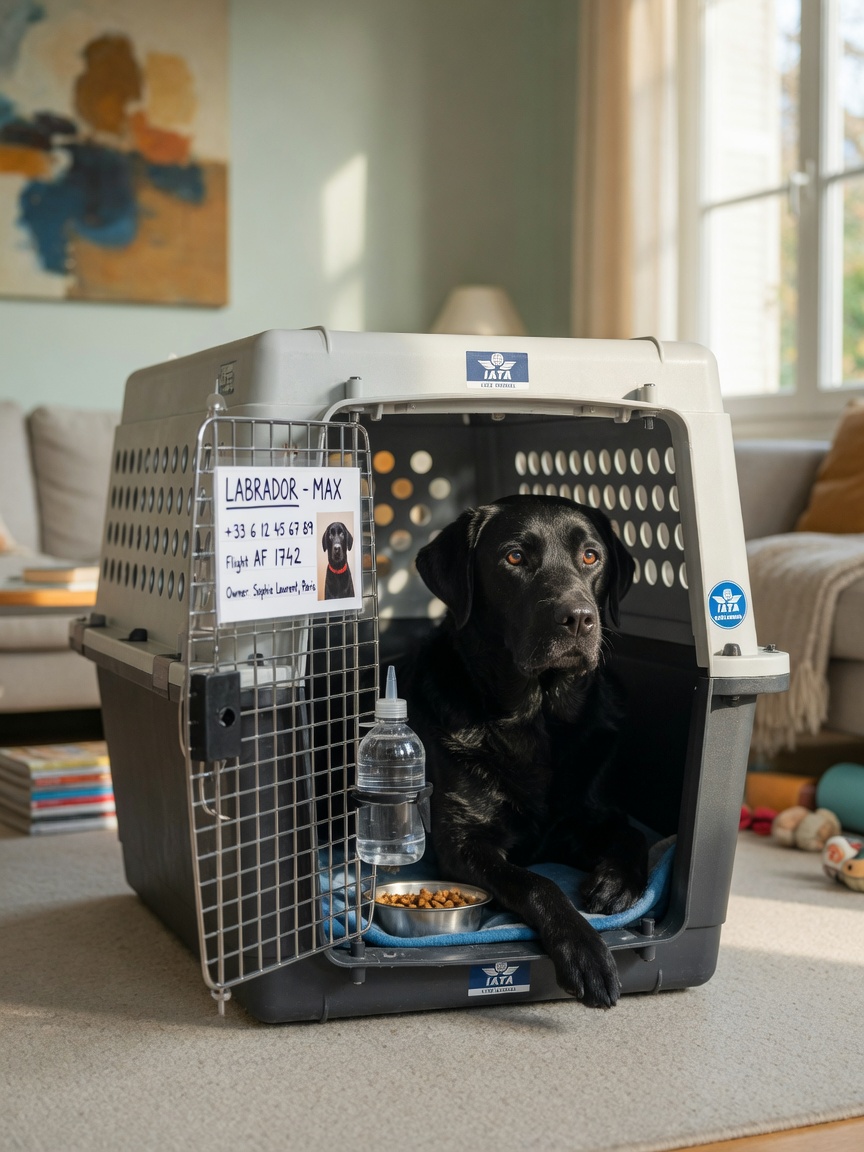 Large dog crate trained and properly labeled in home setting