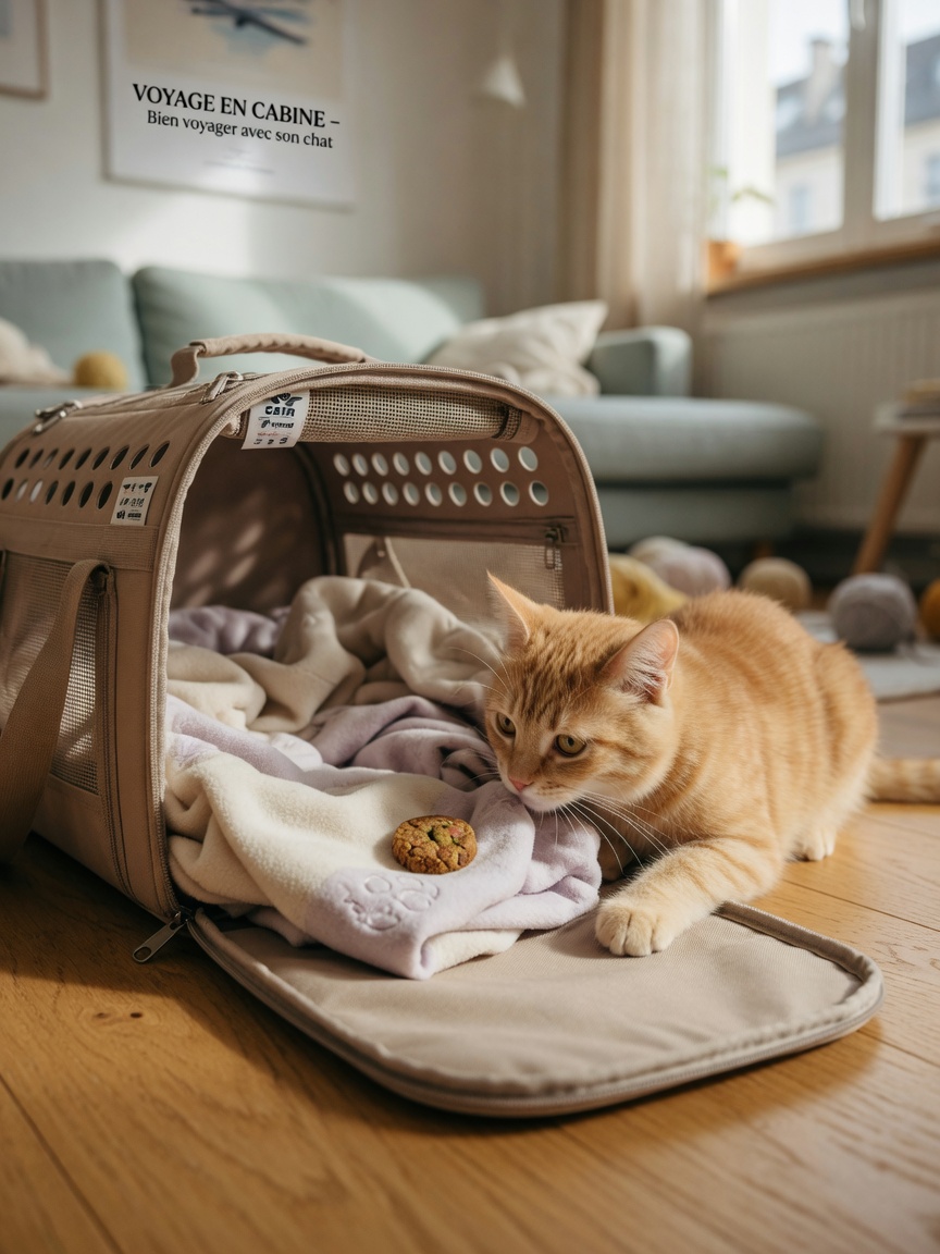 Ginger cat exploring open airline pet carrier with bedding and treats at home, showing positive carrier familiarization