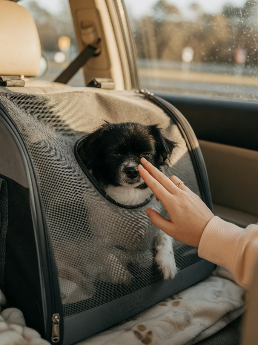 Small dog in pet carrier during car journey with owner's reassuring hand touch through mesh, showing travel stress reduction