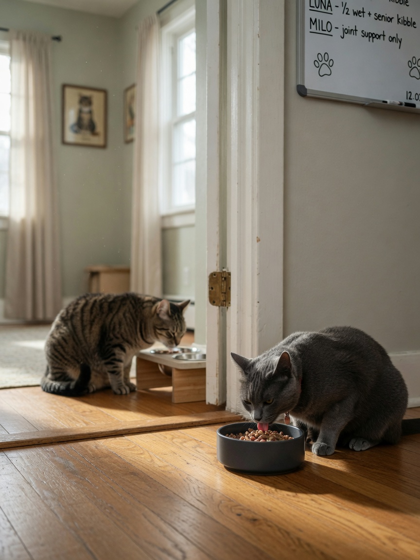 Dos gatos comiendo pacíficamente en habitaciones separadas, uno en el suelo y otro en una plataforma elevada, demostrando separación espacial durante la alimentación