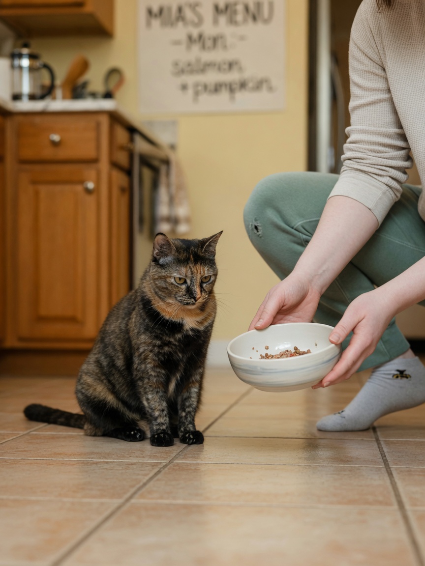 Persona colocando un comedero para un gato tranquilo y sentado durante práctica de alimentación controlada
