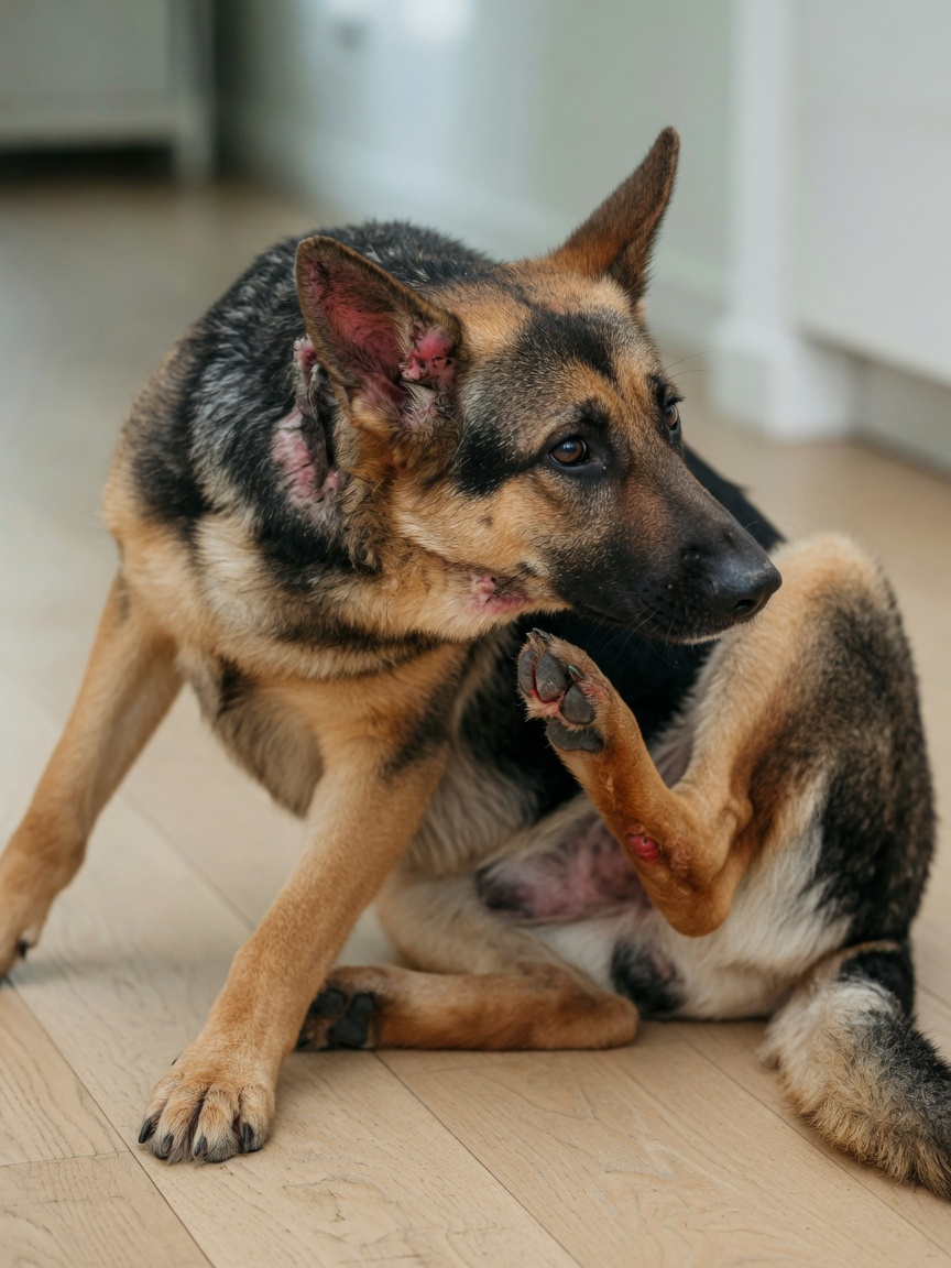 German Shepherd displaying visible signs of food allergy including itching, hair loss, and inflamed paws