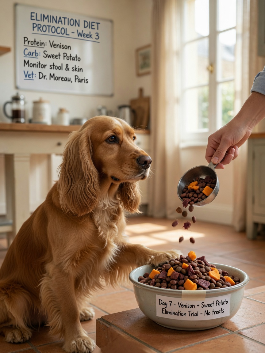 Cocker Spaniel being fed a controlled elimination diet with novel protein during a diagnostic trial