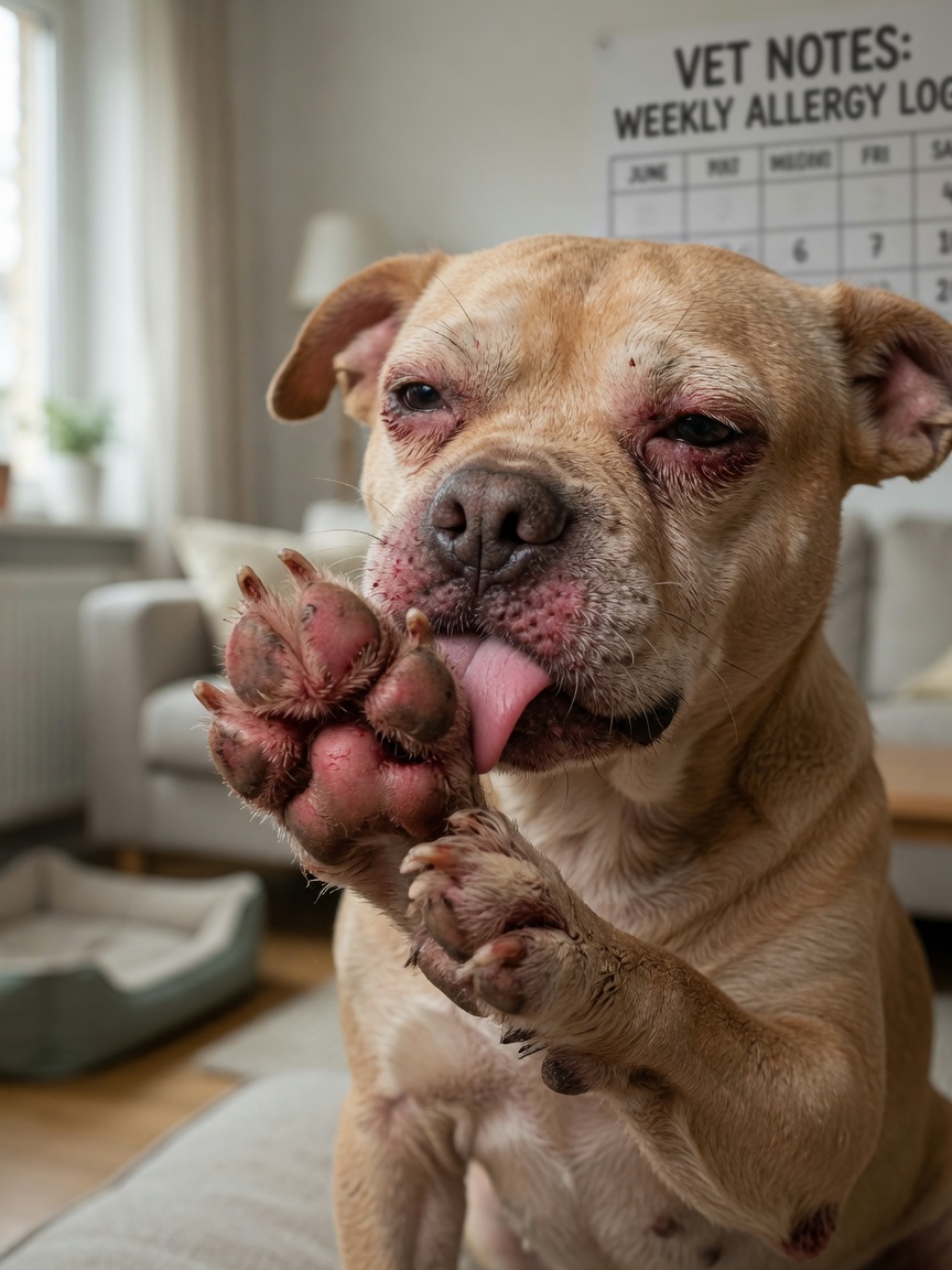 Close-up of a dog's inflamed paw and face showing symptoms of food allergy with visible scratching and irritation