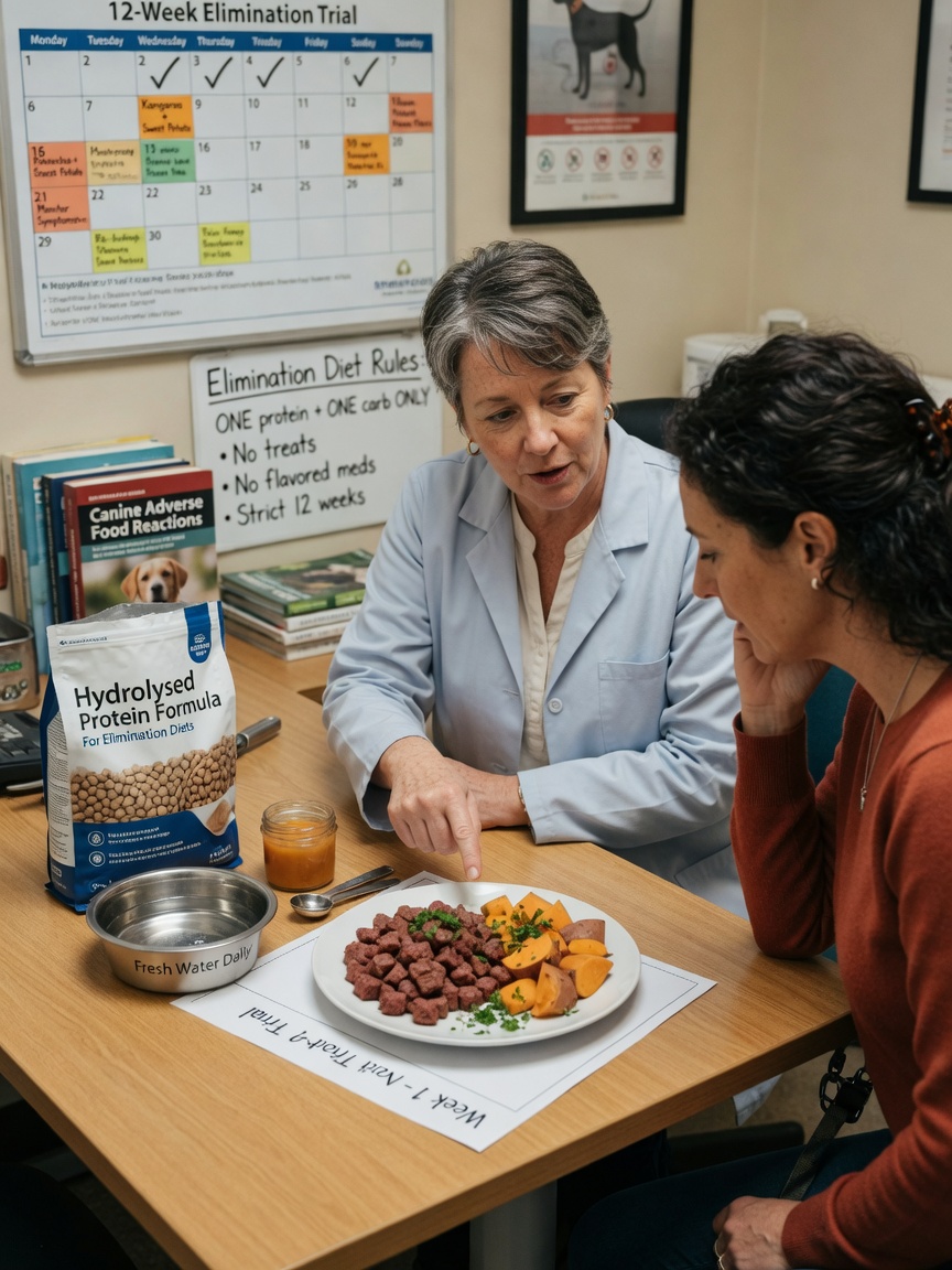 Veterinary nutritionist guiding a dog owner through proper elimination diet meal preparation and trial protocol