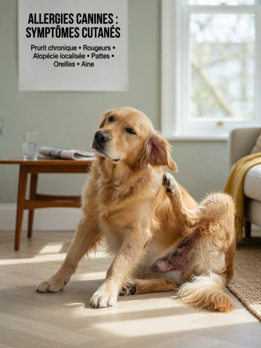 A golden retriever scratching at its reddened ears and paws, showing visible skin irritation from food allergies