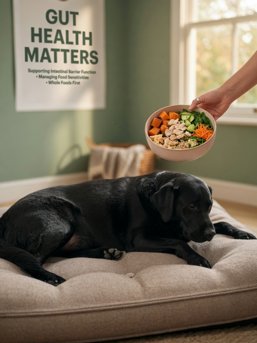 A black Labrador resting on a dog bed while an owner prepares a nutritious meal with whole foods for digestive health