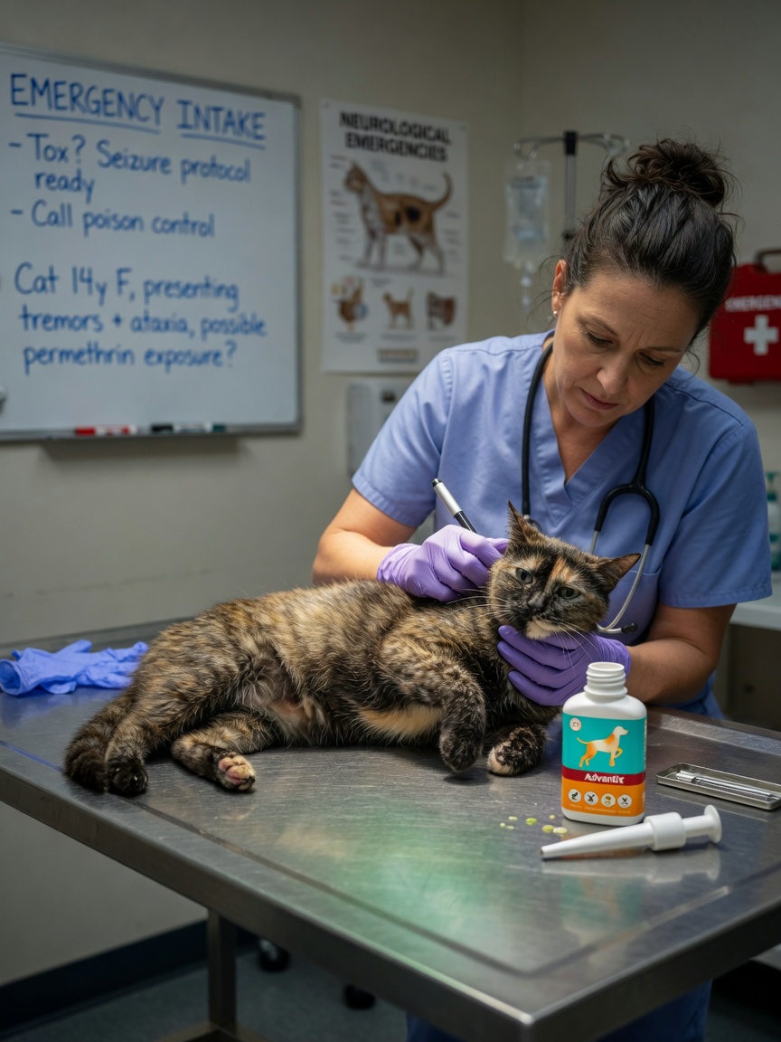 Veterinarian examining a cat at emergency clinic after suspected permethrin exposure