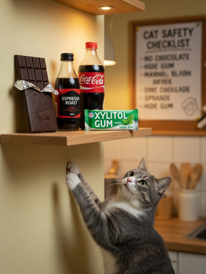 Gray and white cat reaching toward household toxins on a kitchen shelf including chocolate, coffee, and cola