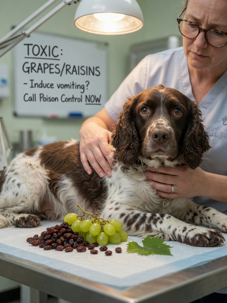 Veterinarian examining a dog after suspected grape or raisin ingestion