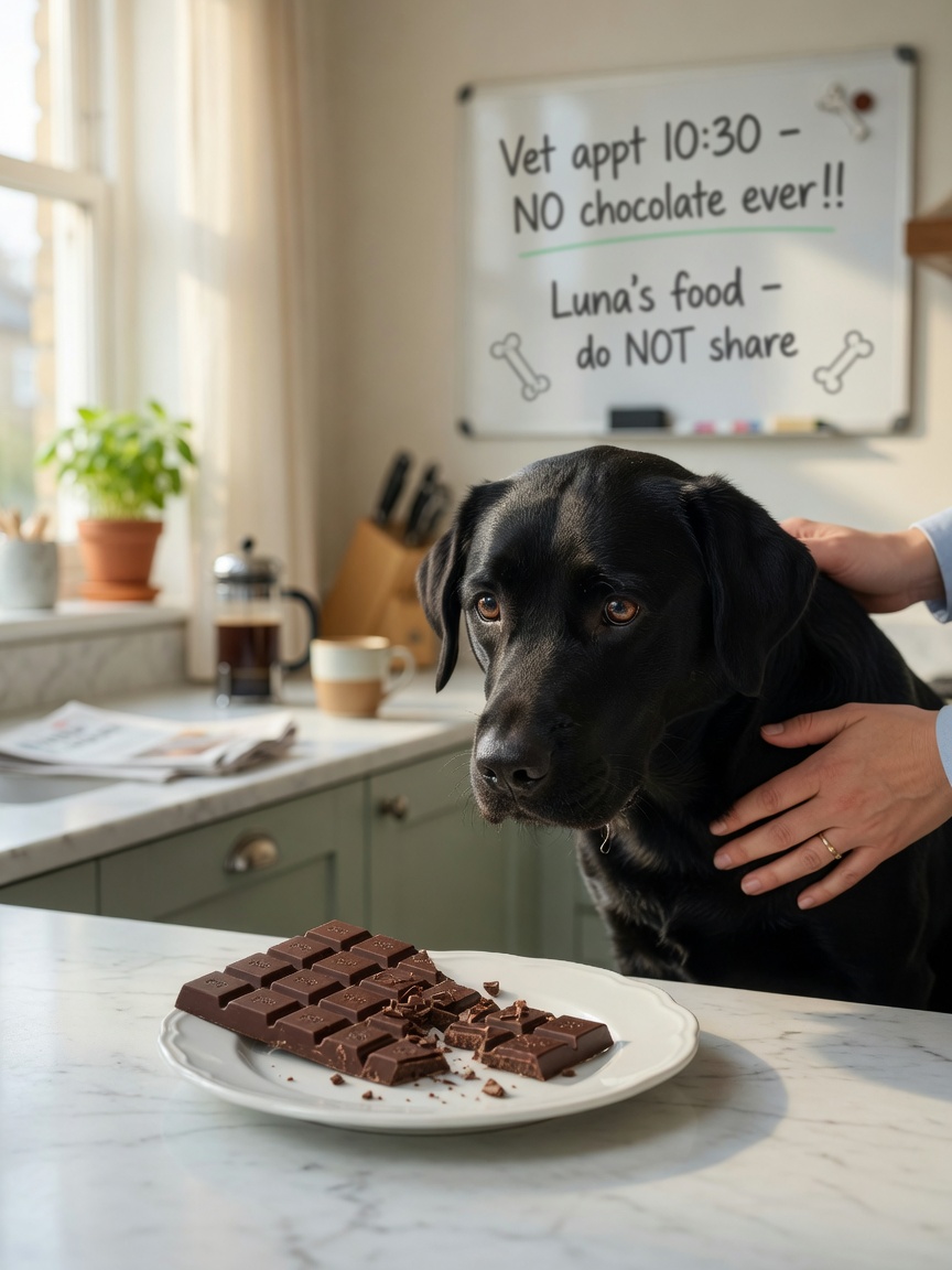 Dog reaching toward dark chocolate on kitchen counter with owner intervening