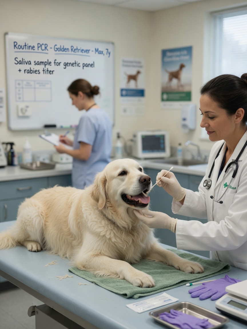 Dierenarts die speekselmonster van hond verzamelt voor cortisolstresstest