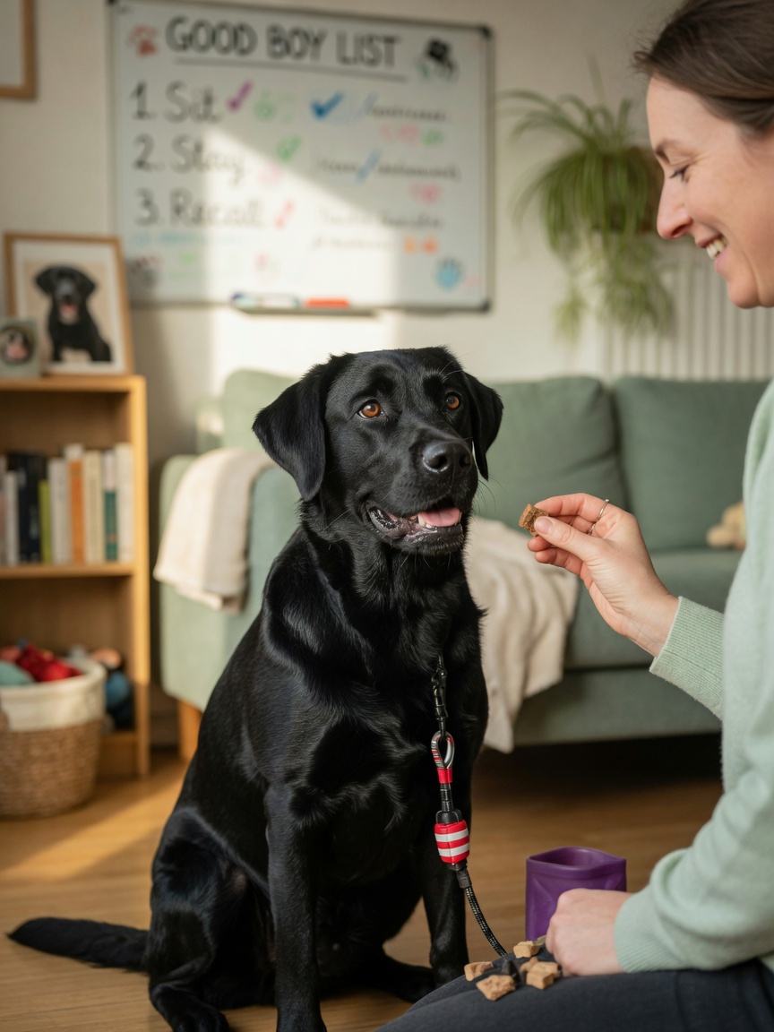 Betrokken hond tijdens beloning gebaseerde positieve versterkingstraining die vertrouwen en enthousiasme toont