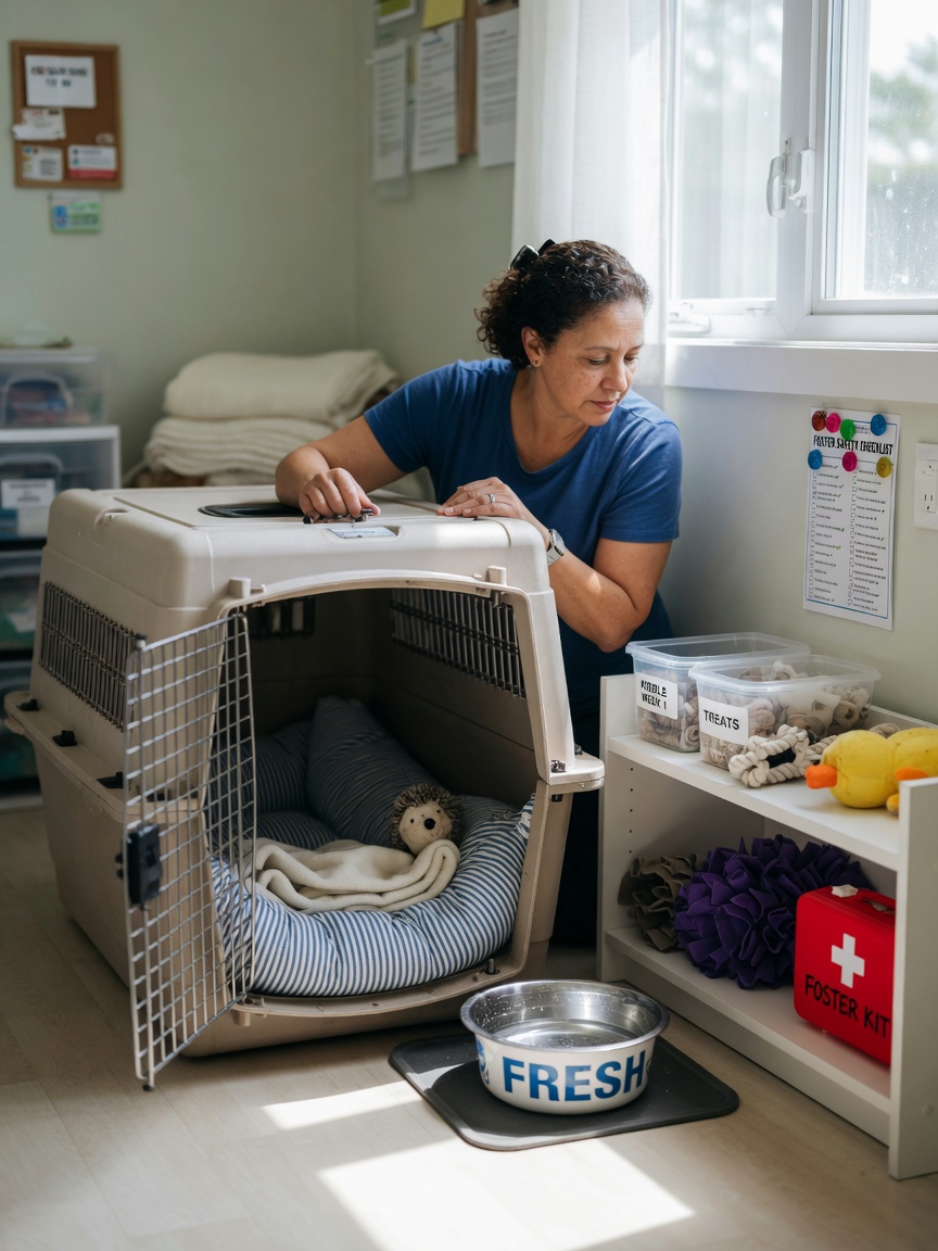 A foster carer preparing a safe, pet-proofed room with bedding, water bowl, and enrichment items