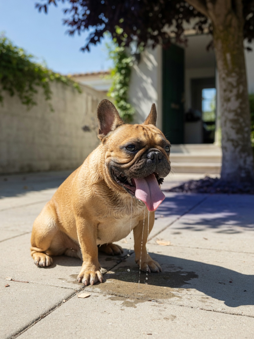 Fawn French Bulldog severely panting and overheating in summer heat on a sunny pathway