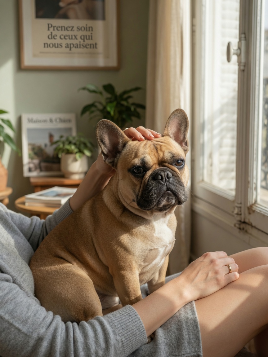 Attentive owner gently examining their French Bulldog's eyes while the dog rests comfortably in their lap