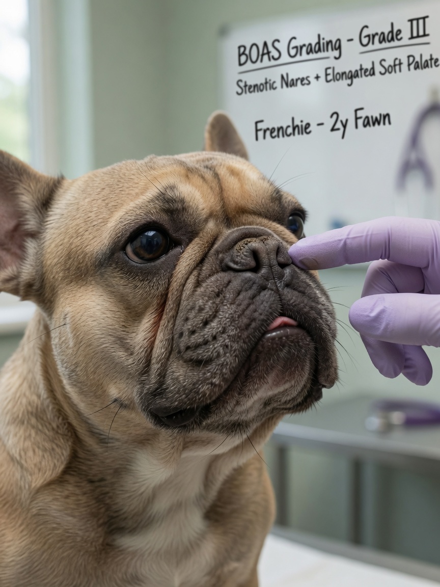 Veterinary examination showing stenotic nares (narrow nostrils) characteristic of BOAS in a French Bulldog's flattened face