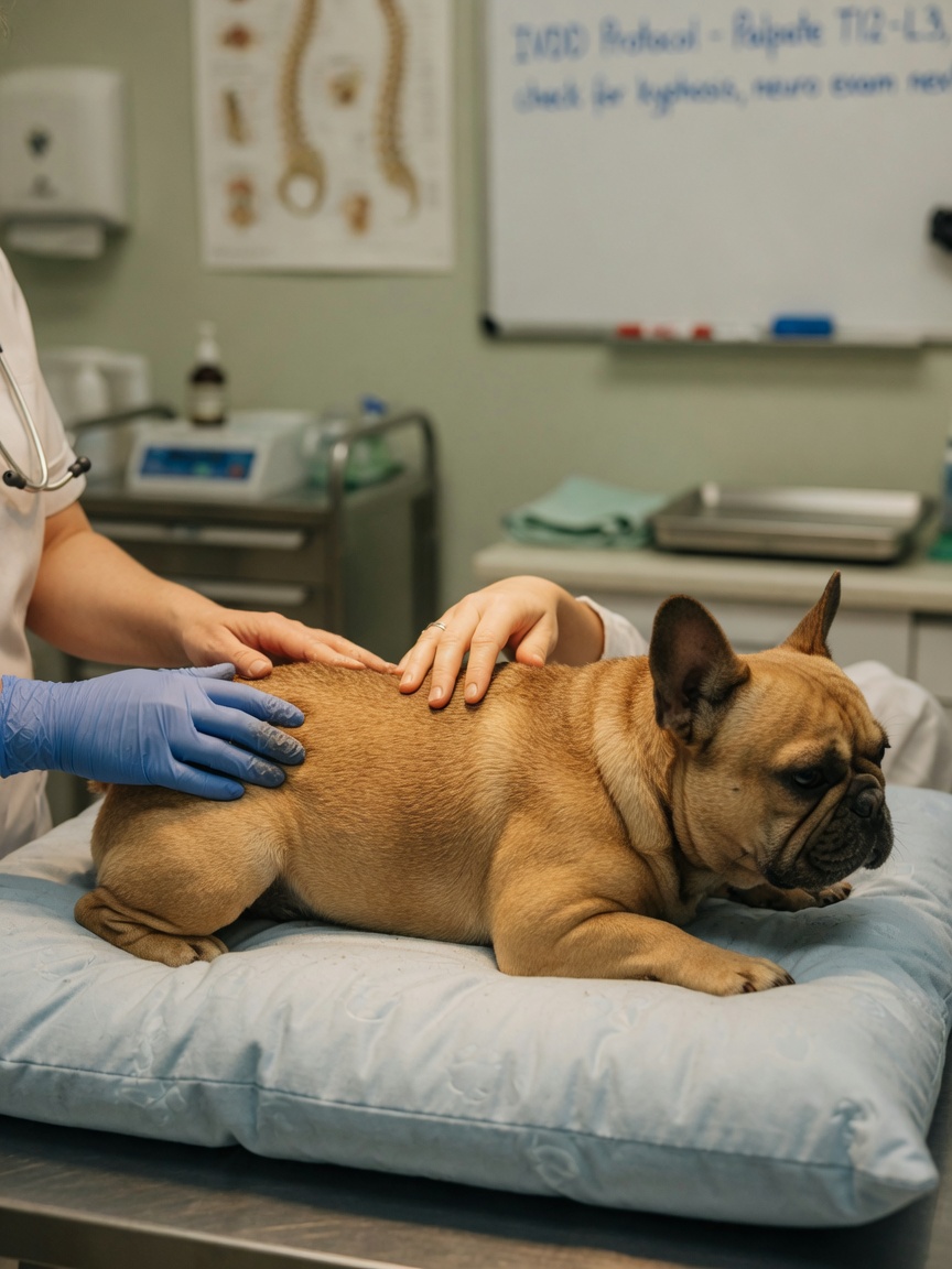 Veterinary specialist palpating a French Bulldog's thoracolumbar spine during IVDD assessment examination