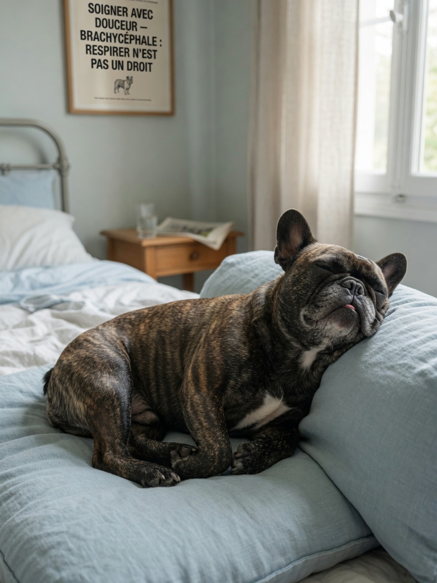 French Bulldog sleeping in compromised position to manage breathing difficulties