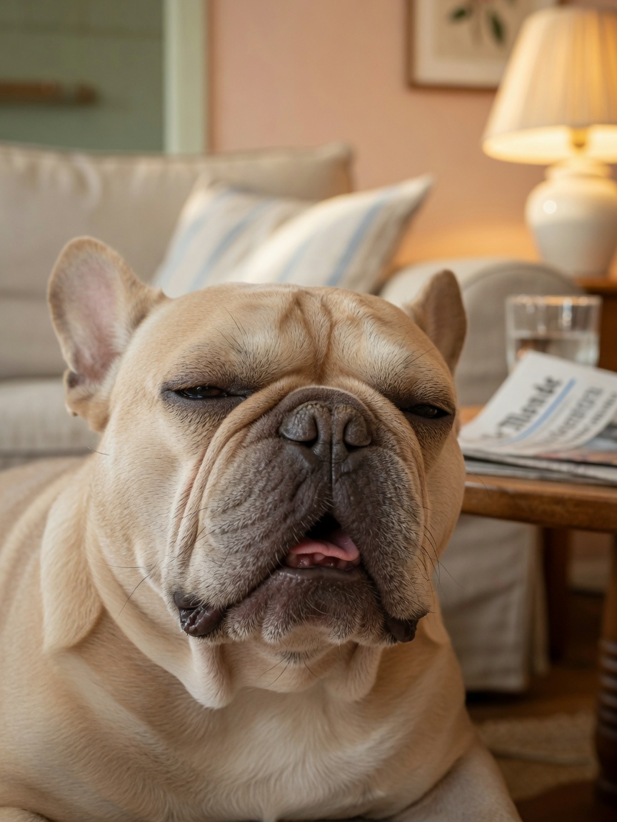 Close-up of French Bulldog's face showing narrow nostrils and labored breathing