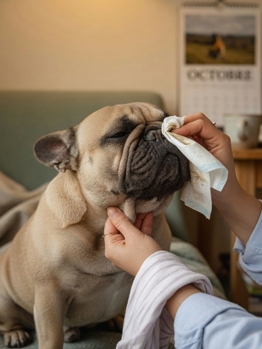 Owner cleaning French Bulldog's facial folds with a damp cloth as part of daily grooming routine