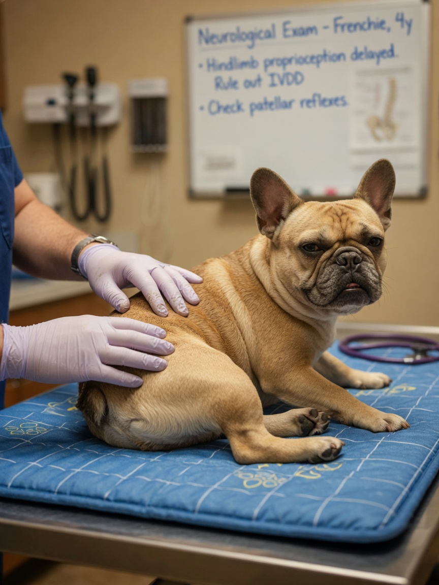 Veterinarian examining French Bulldog spine during IVDD assessment