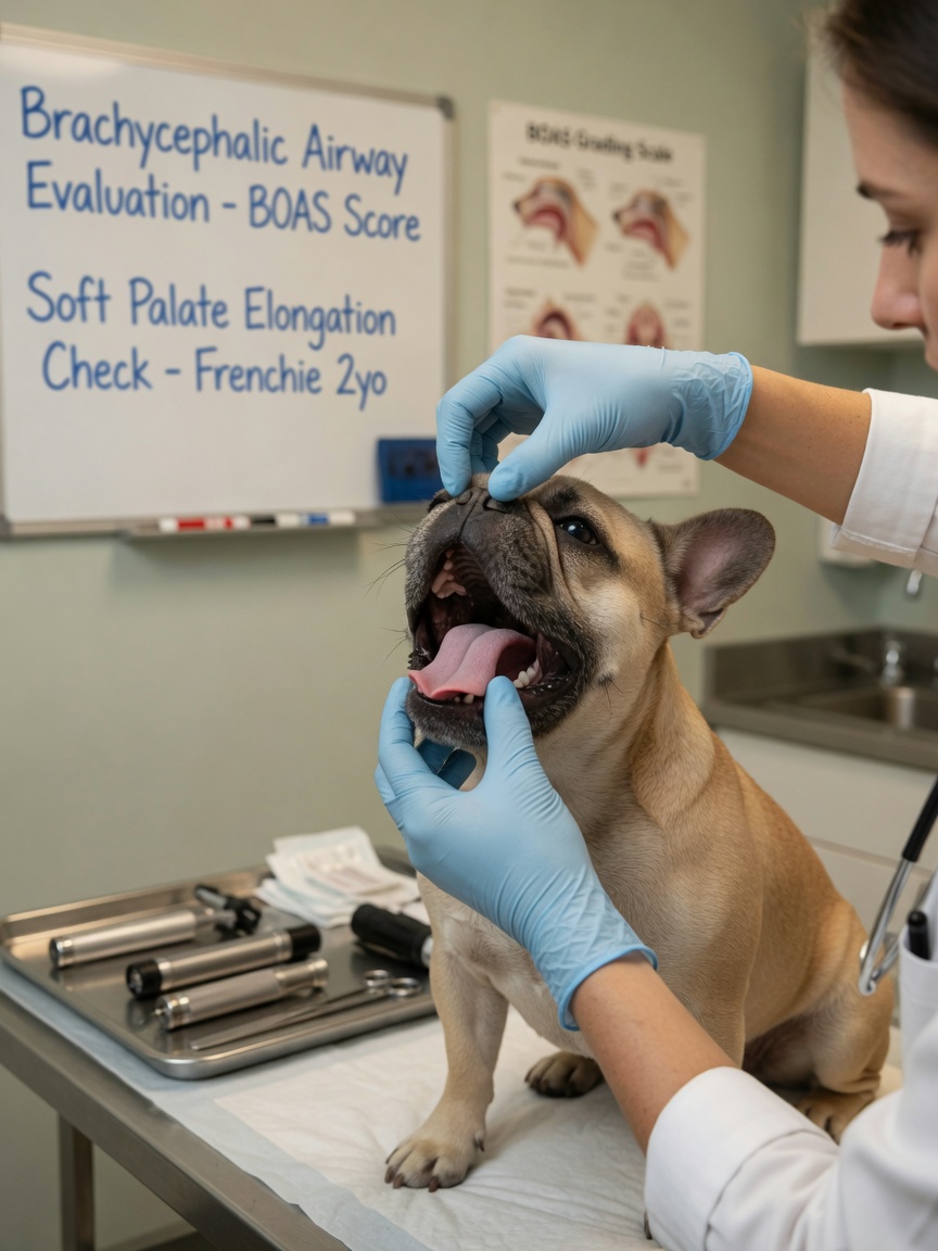 Specialista veterinario che esamina le vie aeree e il palato molle di un Bulldog francese durante la valutazione clinica di BOAS