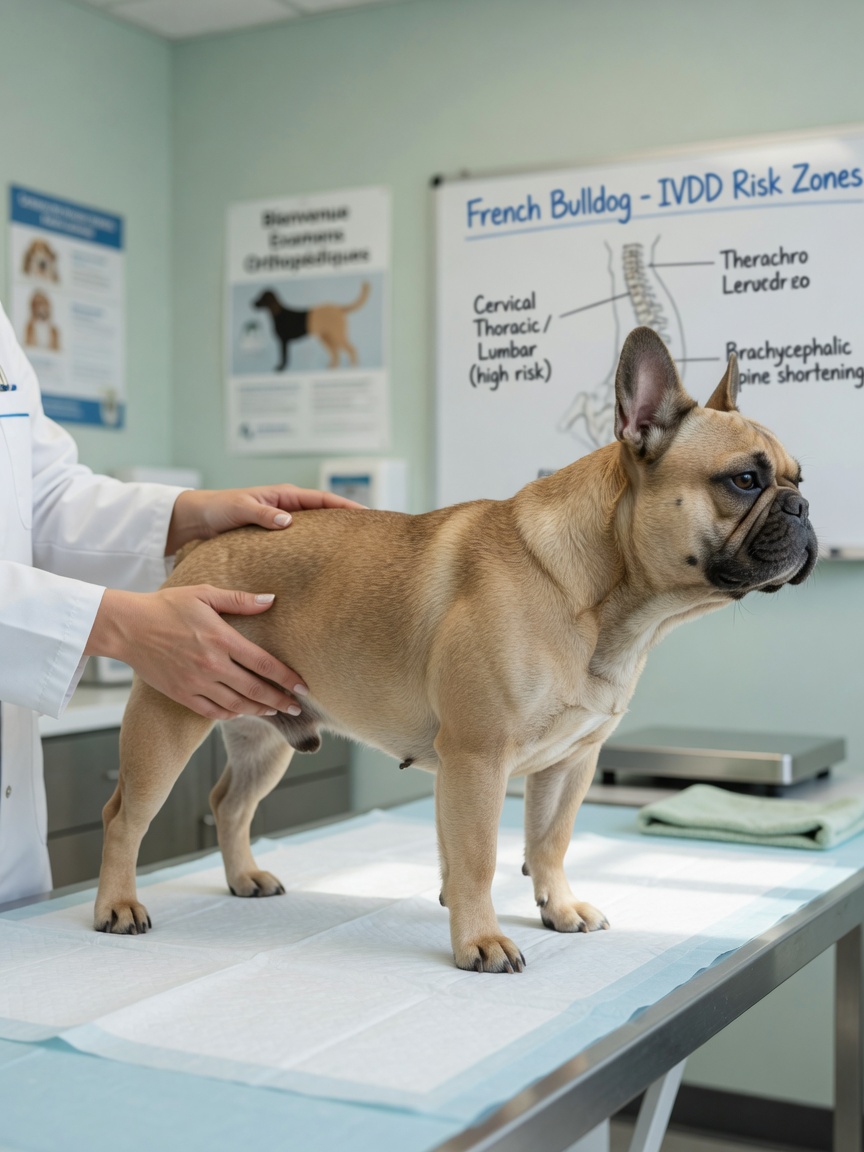 Veterinarian gently examining a healthy French Bulldog's spine and back structure during routine examination