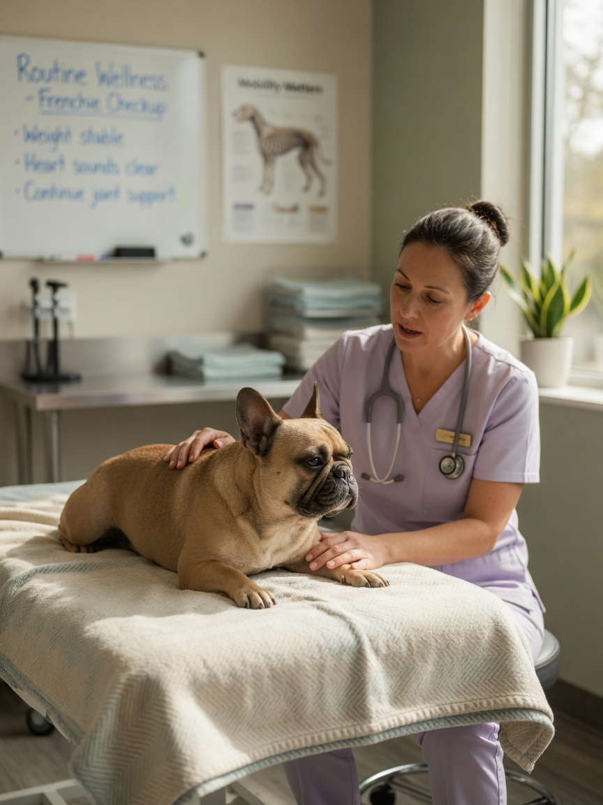 Veterinarian sitting beside a calm French Bulldog, gently reassuring and comforting during diagnostic consultation