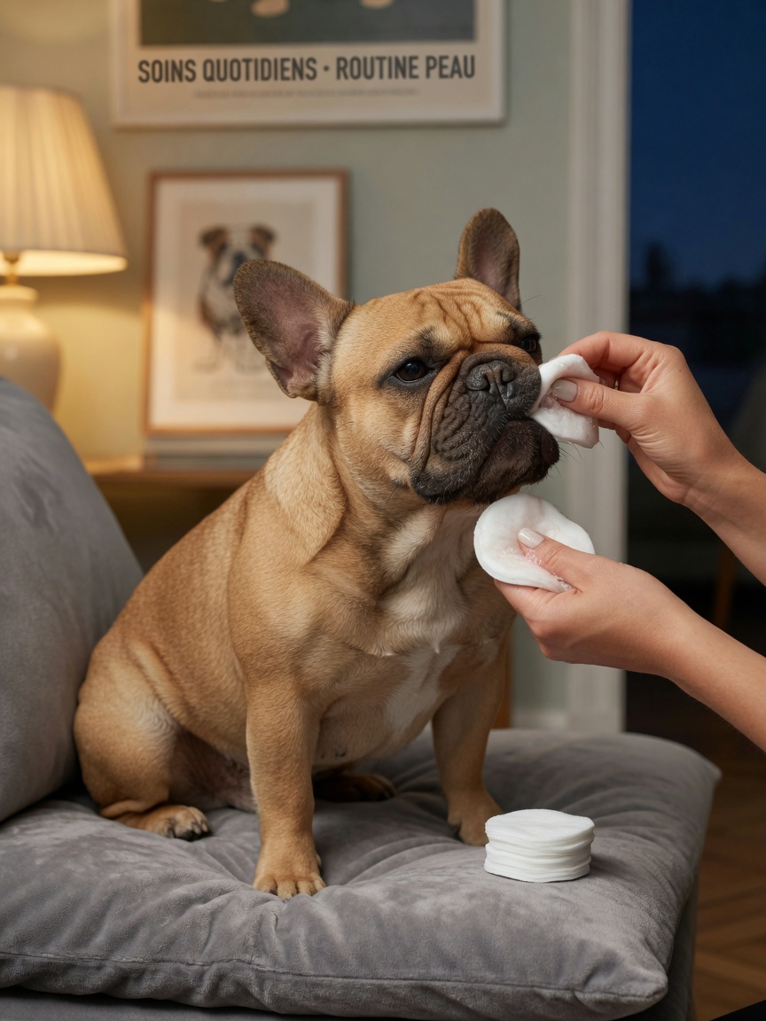 Owner performing daily skin fold cleaning on French Bulldog using cotton pads and gentle cleaning solution at home