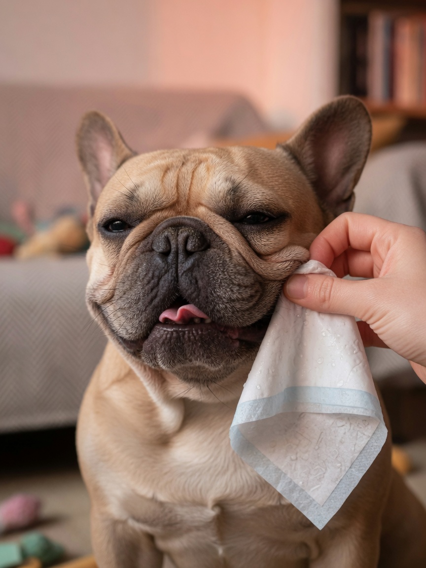 A French Bulldog's facial folds being gently cleaned with a damp cloth by an owner's caring hands