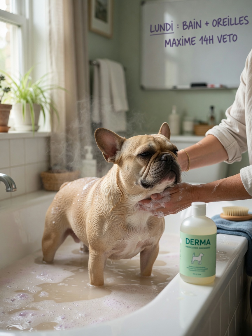 A French Bulldog being bathed with medicated shampoo as part of regular skin care routine