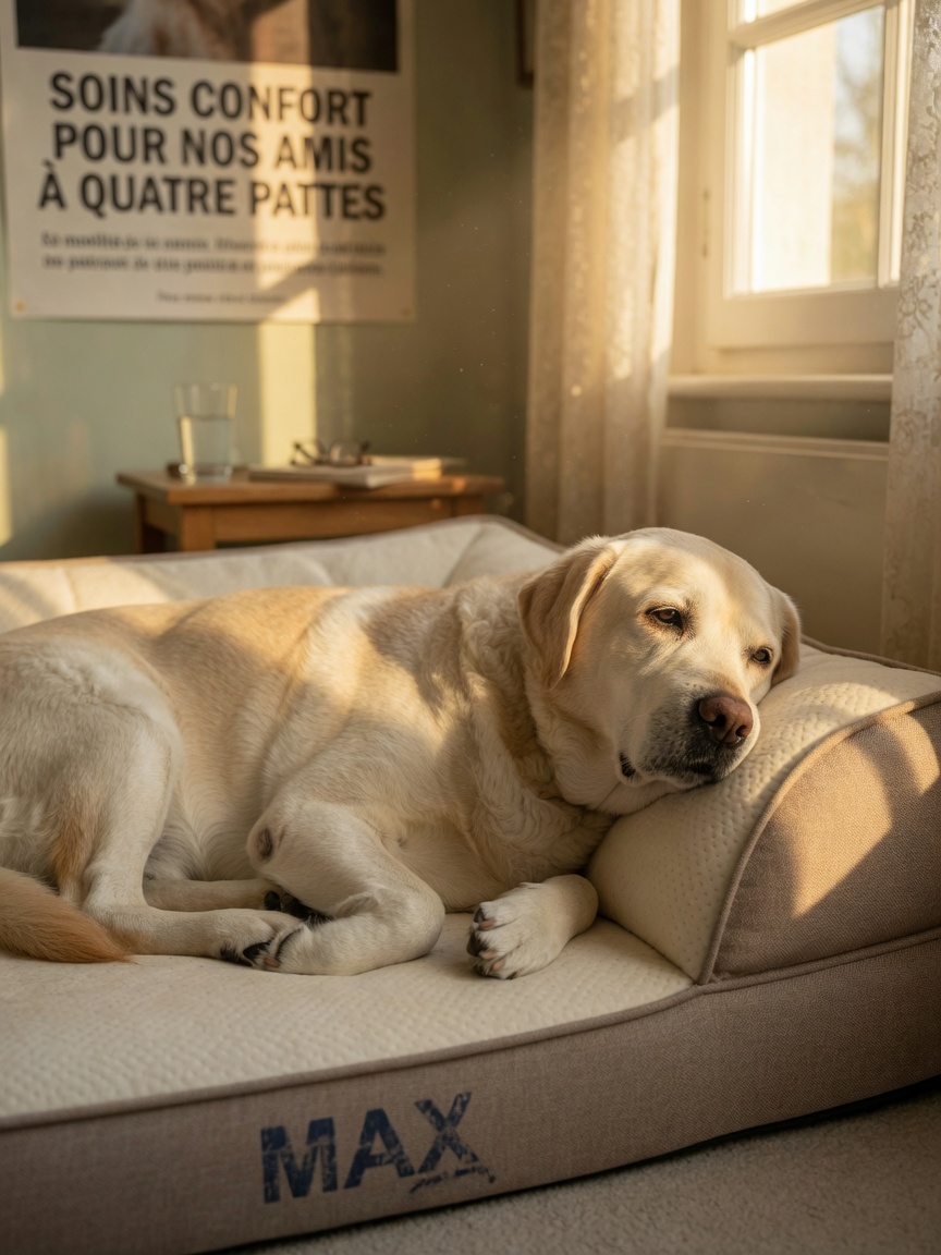 Senior golden Labrador resting peacefully on an orthopedic bed, representing chronic pain management