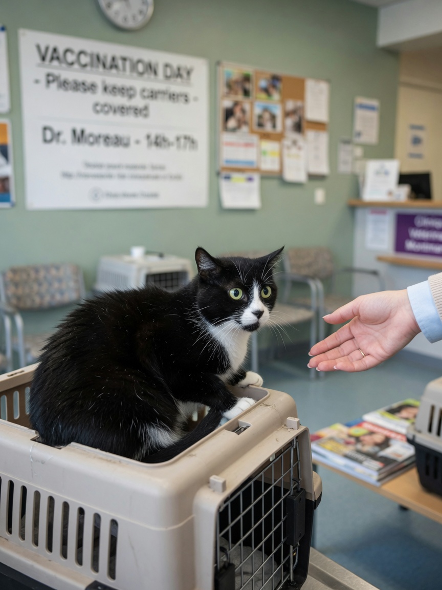 Anxious black and white cat in a carrier at a veterinary clinic, demonstrating pre-visit stress in felines