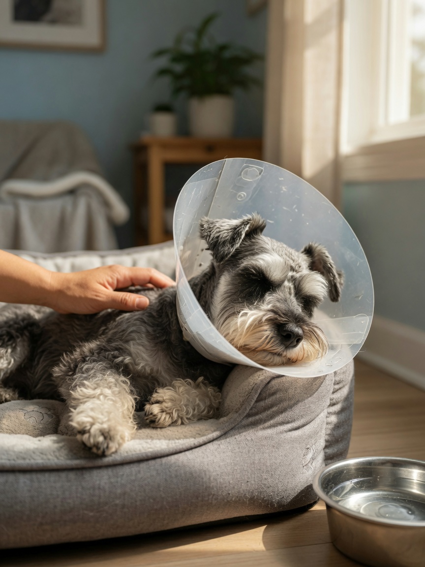 Miniatur-Schnauzer erholt sich komfortabel zu Hause nach erfolgreicher Gallenblasenentfernungsoperation