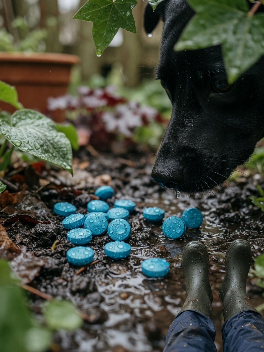 Toxic metaldehyde slug pellets scattered on wet soil with a dog's nose nearby