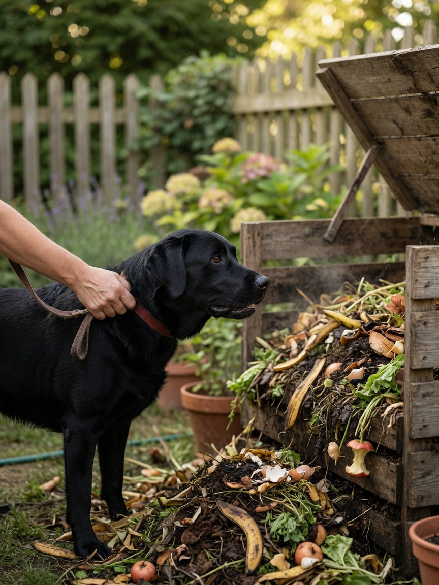 Black Labrador reaching toward an open compost bin with owner redirecting the dog away
