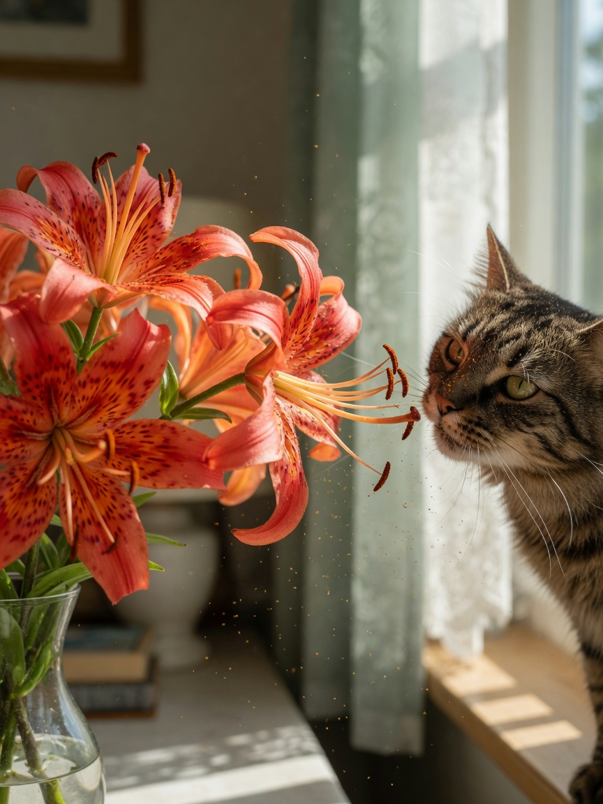 Getigerte Katze neben giftigen Tigerlilien in einer Vase im Innenraum