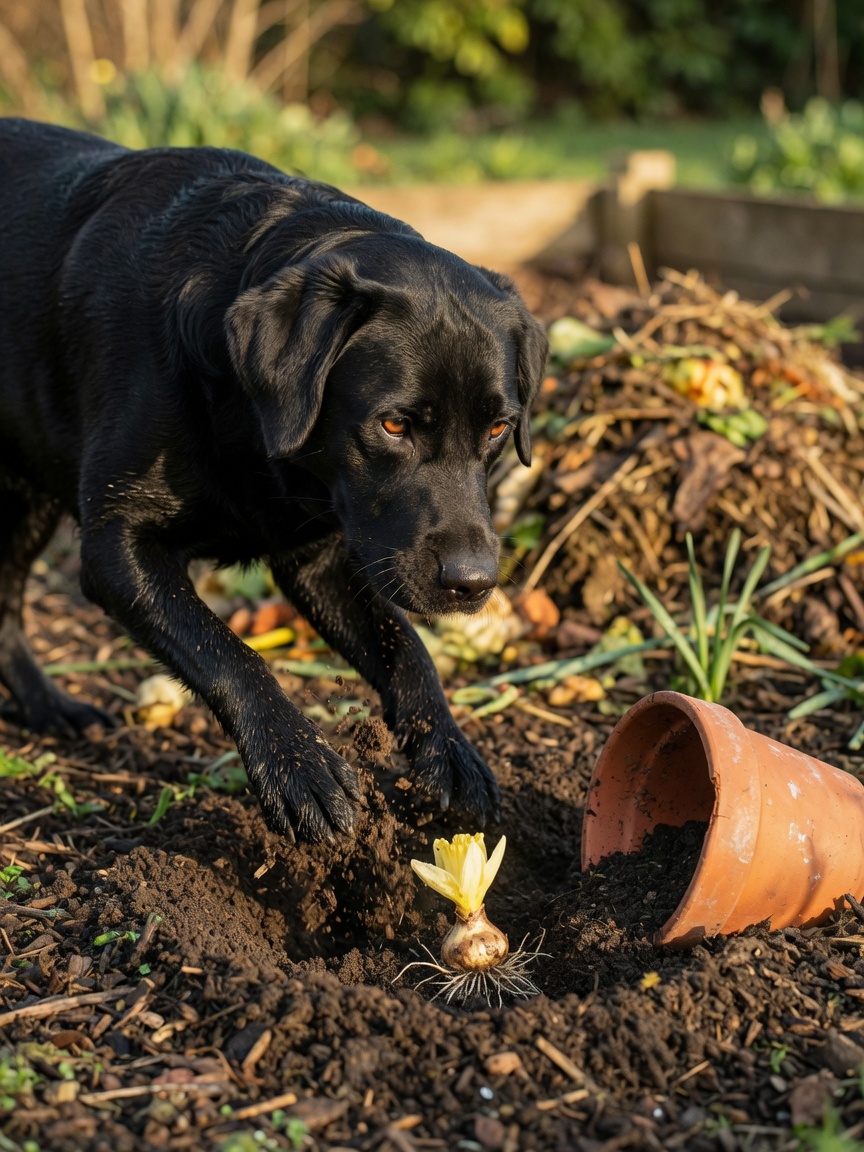 Schwarzer Labrador gräbt gefährliche Narzissenzwiebeln in Gartenerde aus