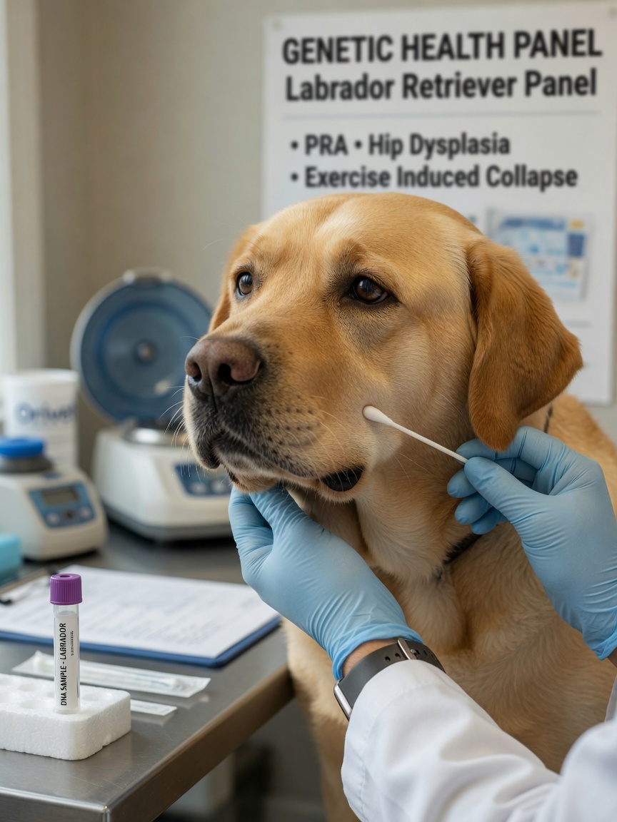 Veterinary professional collecting a genetic sample from a golden Labrador Retriever for genetic research