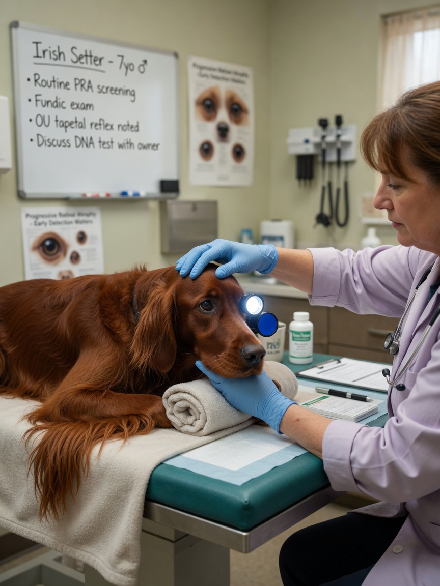 Veterinarian examining an Irish Setter's eyes during a clinical evaluation for inherited retinal conditions